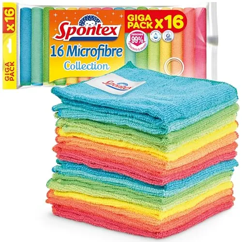 Spontex Paños de microfibra para limpieza | 16 bayetas Microfibre Collection | Para usar como trapos del polvo y paños de cocina | 30 x 30 cm | Colores surtidos | 16 unidades