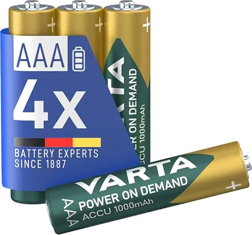 VARTA Pilas AAA Recargables Recharge Accu Power 1000 mAh - Paquete 4 Unidades