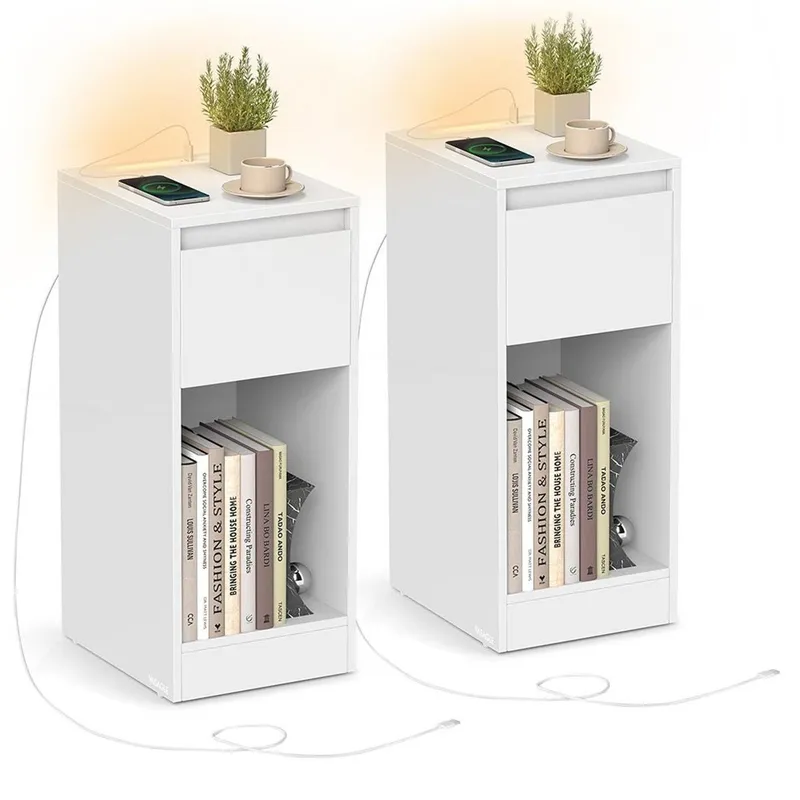 Pack De 2 Mesitas De Noche Estrechas Con Led Táctil Y Puertos Usb - Blanco