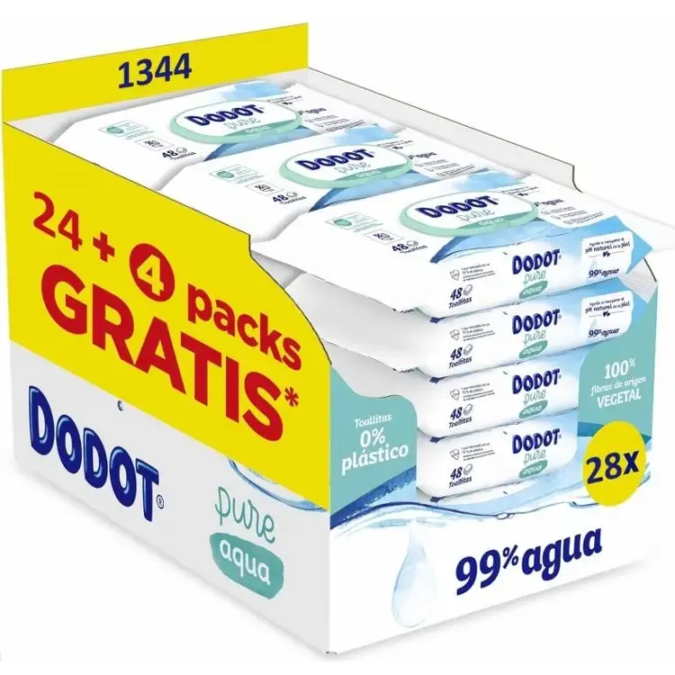 Dodot Toallitas Pure Aqua Para Bebé, Ayuda a restaurar el pH natural de la piel, 99% agua, 1344 Toallitas (28 Paquetes de 48 Toallitas).