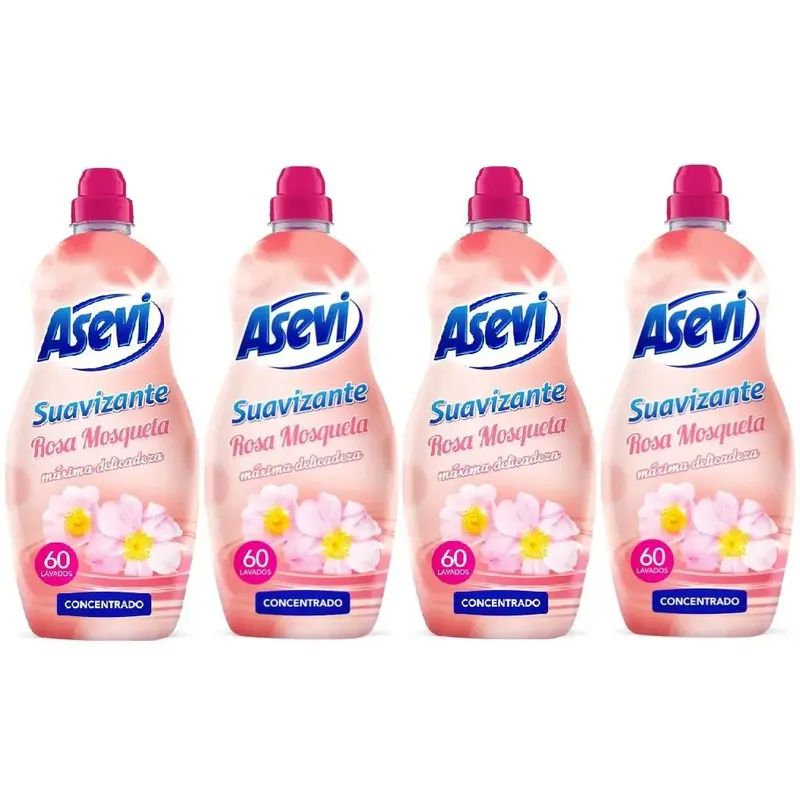 Asevi Suavizante Rosa Mosqueta 60 Lavados, Pack Ahorro 4x60 Total 240 Dosis, Suavizante Concentrado de Lavadora para Ropa Suave y Perfumada, Aroma a Rosas Recien Cortadas, Frescor Duradero, Apto para Todos los Tejidos