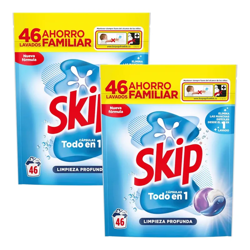 SKIP Pack de 2 Bolsas de Detergente en Cápsulas Limpieza profunda 46 lavados (92 cápsulas en total)