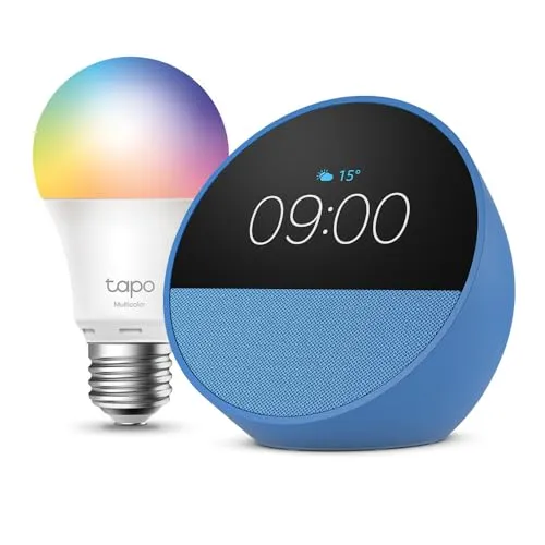 Echo Spot | Azul + Tapo L530EA Bombilla LED Inteligente (E27), Compatible con Alexa - Kit de inicio de Hogar digital