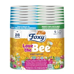 Foxy Love the Bee | 3 capas |Papel higiénico 28 rollos | 167 servicios por cada rollo | Certificación FSC | 100% Energía eléctrica renovable | Paquete reciclable producido con plástico reciclado