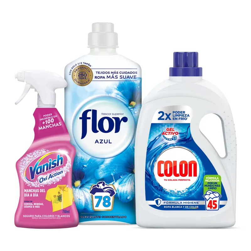 Colon Gel Activo Azul 45 Lavados + Flor Azul Suavizante 78 Lavados + Vanish Oxi Action Quitamanchas Spray Día a Día 750ml – Ropa Limpia, Fresca y Sin Manchas
