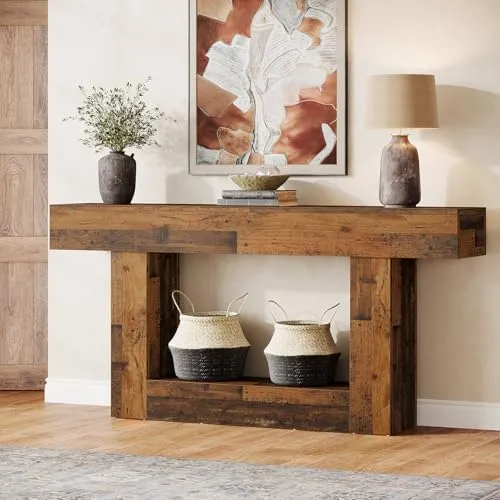 Tribesigns Mesa Consola de 160 cm de Largo, Mesa de Entrada de 2 Capas, con Espacio de Almacenamiento, Mesa de Centro Trasera de Madera de Granja para salón, Pasillo (Marrón rústico Mixto)