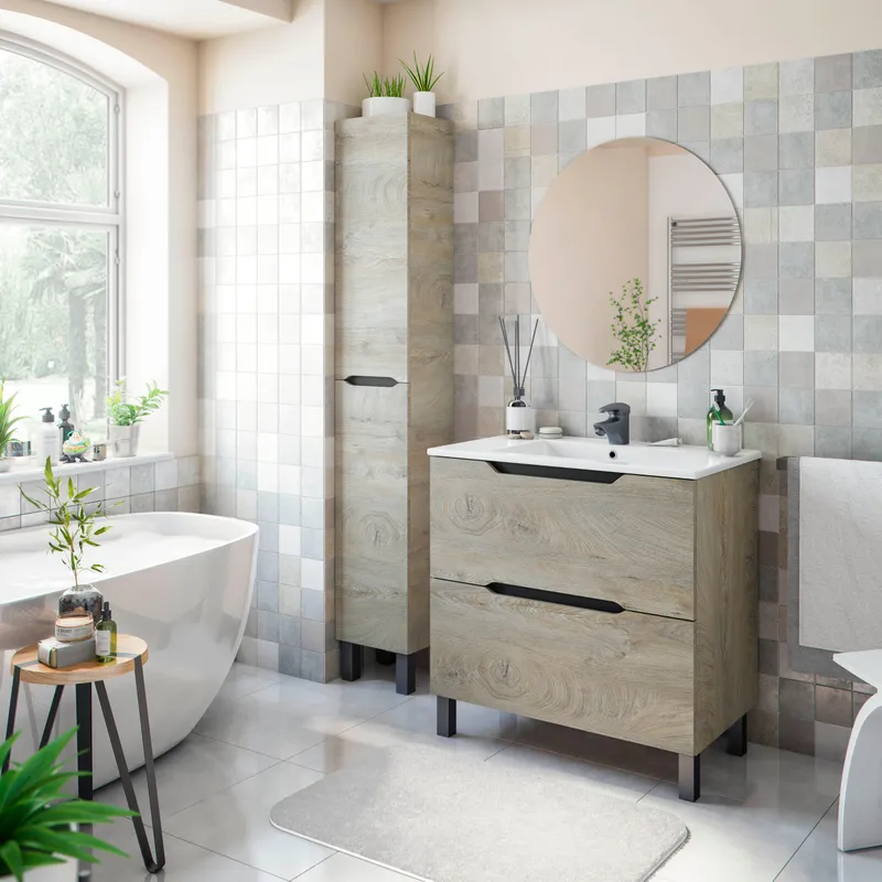 Mueble de baño con lavabo lea roble 80x45 cm con 2 cajones