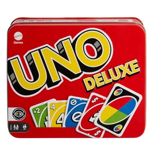 Mattel Games UNO Deluxe en Caja metálica, Juego de 108 Cartas para familias, niños y Adultos, 2-10 Jugadores, Partir de 7 años