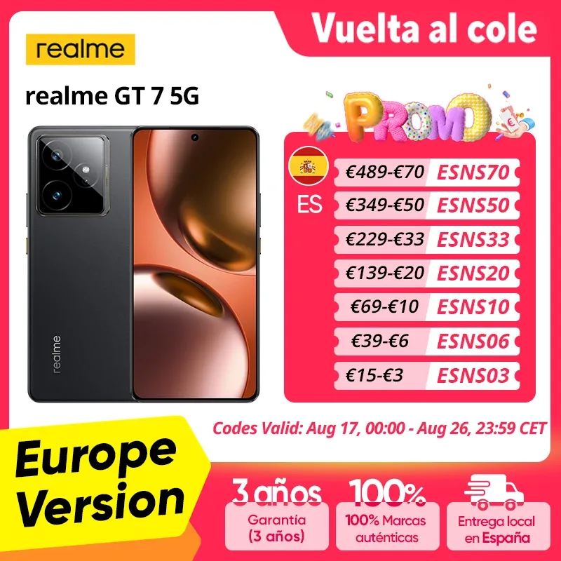 Versión Global realme GT 7 5G AI Smartphone MTK Dimensity 9400e 6000nits Pro-Esports Display 7000 mAh Batería 120W Ultra Charge