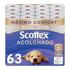 Scottex Papel Higiénico Acolchado 63 rollos - 7 packs de 9 rollos - 3 capas, máximo confort , textura suave, rollos acolchados - papel higiénico baño