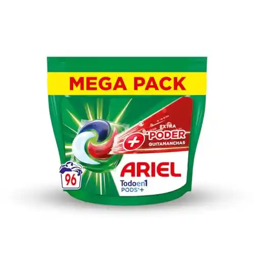 96 cápsulas ARIEL PODS Todo en 1 Detergente Lavadora Mas Poder Extra Quitamanchas