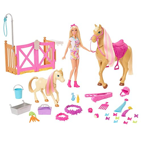 Barbie con caballo y poni Muñeca rubia con animales de juguete y accesorios de establo