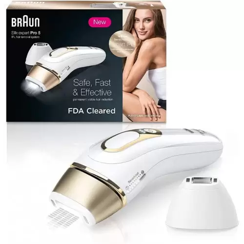 Braun Silk Expert Pro 5 PL5137 Depiladora Luz Pulsada IPL, Última Generación, Depilación Permanente, Cabezal Precisión, Cara Y Cuerpo, Blanco/Dorado