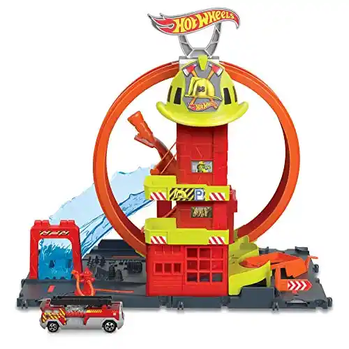 Hot Wheels City Super Estación de Bomberos Pista para Coches de Juguete, Incluye 1 vehículo