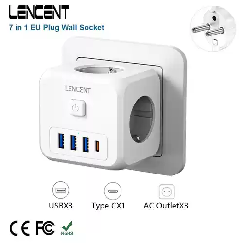 Ladrón extensor de enchufe de pared LENCENT con 3 tomas, 3 puertos USB y 1 tipo C