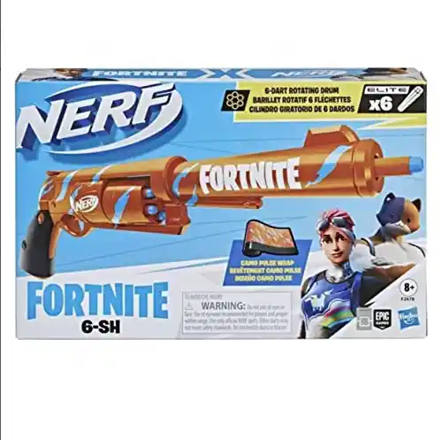 Nerf Lanzador Fortnite 6-SH - Pulso de Camuflaje - con Martillo y Tambor Giratorio de 6 Dardos - Incluye 6 Dardos Oficiales Elite