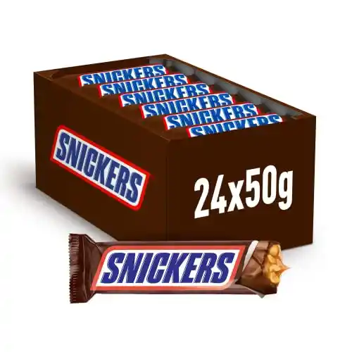 Pack 24 x 50g Snickers Chocolatina con Crema de Cacahuete, Caramelo y Cacahuete recubiertos de Chocolate con Leche