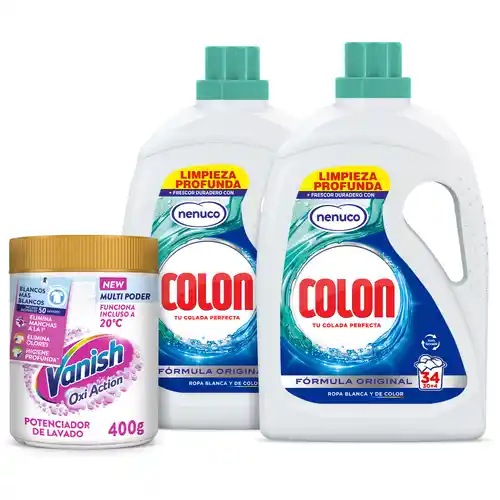 Pack ahorro Detergente lavadora Colon 68 lavados + Quitamanchas Vanish Oxi Action Advance 400g Polvo White
