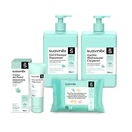 Pack Bebé Recién Nacido Suavinex: Gel-Champú Espumoso 750 ml + Loción Hidratante 750 ml + Crema Pañal 75 ml + Pack Toallitas 25 uds