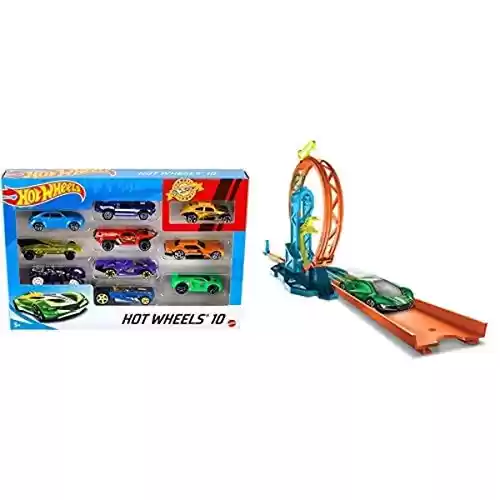 Pack de 10 coches Hot Wheels + Track Builder Pista Acelerador de Loop