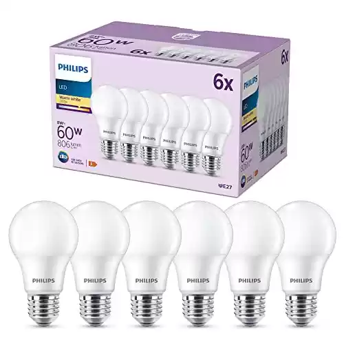 Pack de 6 Bombillas LED Philips 8W (E27, Luz Cálida)