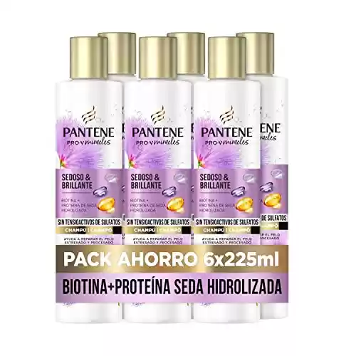 Pack de 6x Pantene Pro-V Miracles Champú Sin Sulfatos Sedoso & Brillante, Con Biotina + Proteína De Seda Hidrolizada Para Pelos Excesivamente Perjudicados, Dañados Y Con Mechas