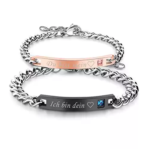 Par de pulseras de acero inoxidable con circonita, grabado de texto