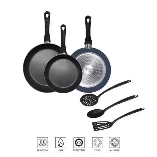 Set 3 Sartenes (18, 22 y 26 cm) aluminio prensado + 3 utensilios San Ignacio