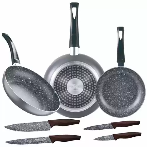 Set de 3 sartenes San Ignacio Daimiel (16+20+24cm) aluminio prensado + 4 cuchillos acero inoxidable