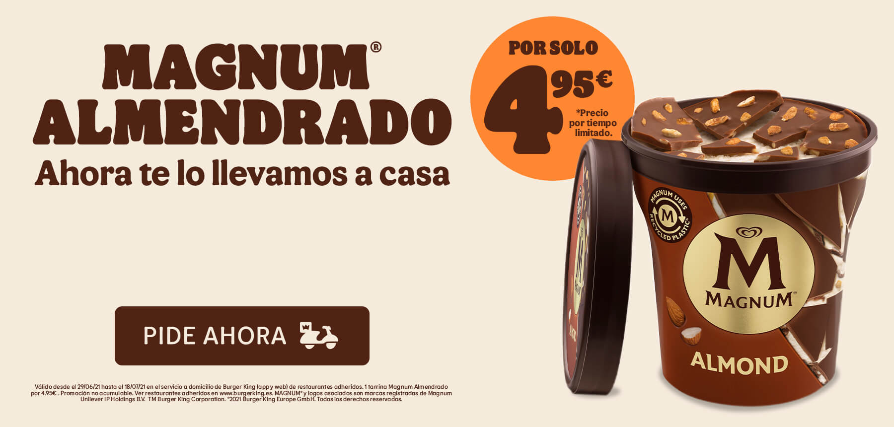 Tarrina de helado Magnum Almendrado por 4,95€ en pedidos en el servicio a domicilio de Burger King (app y web)