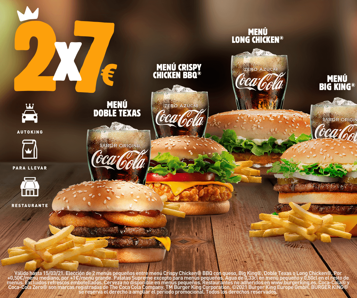 2 menús por 7€ en Burger King (pedidos en restaurante, para llevar y AutoKing)